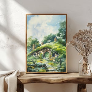 バッグエンドの絵画、水彩画のホビット村の絵画、領主、ファンタジーアート、指輪、ファンタジー絵画、ミドル、ファンタジープリント、地球