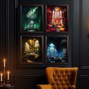 Impressão digital Wizard Rooms - pôster do dormitório da escola de magia - pinturas a óleo vermelhas, amarelas, verdes e azuis