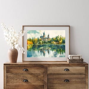 Magical Horizontal Castle Summer Watercolour, Charming Wizard Art, Great Lake at Spring Magical School Print, Wizarding Enthusiasts