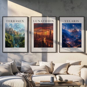 Conjunto de 3 impresiones de Sarah J Maas: ACOTAR Velaris, Ciudad de la Luz Estelar, Ciudad Creciente, Trono de Cristal, Impresión artística de descarga digital instantánea, BookLover