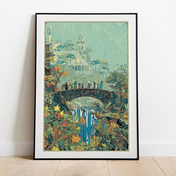 Fantasy Fellowship Digital Art Print, Enchanting Power Rings Illustration, Birthday Gift, Mystical Elven Landscape Painting