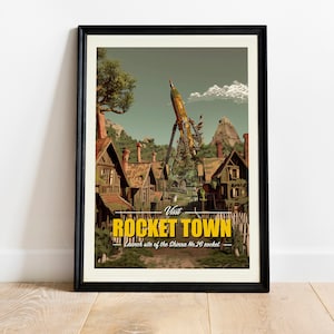 Póster de Rocket Town, Visita la impresión vintage de Rocket Town, Arte de pared de fantasía