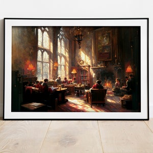 School Common Room Illustration, Wizard Wall Art, Art Print, Digital Download, Digital Print, Wall Decor, Home Decor, Red and Gold