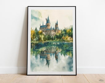 Magical Castle Summer Watercolour, Charming Wizard Art, Great Lake at Spring Magical School Print, Wizarding World Enthusiasts & Witchcraft