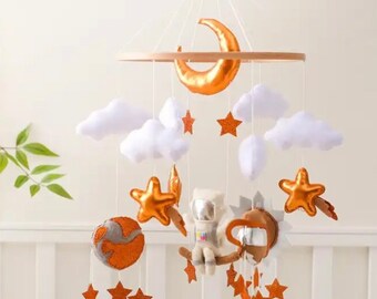 Baby mobile astronaut  , Newborn Baby mobile , Nursery decore , Crib mobile , Golden stars & moon Space , Baby shower gift .