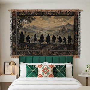 Fantasy Adventurers Woven Tapestry | Epic Medieval Style Throw Blanket | RPG Elven Wall Hanging