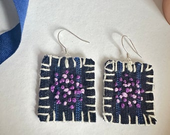 embroidered fabric linen handmade purple flowers square earrings