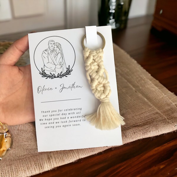 Personalized Invitation, Wedding Invitation, Invitation with Line Art, Boho Wedding Favors, Wholesale Macrame Keychains.