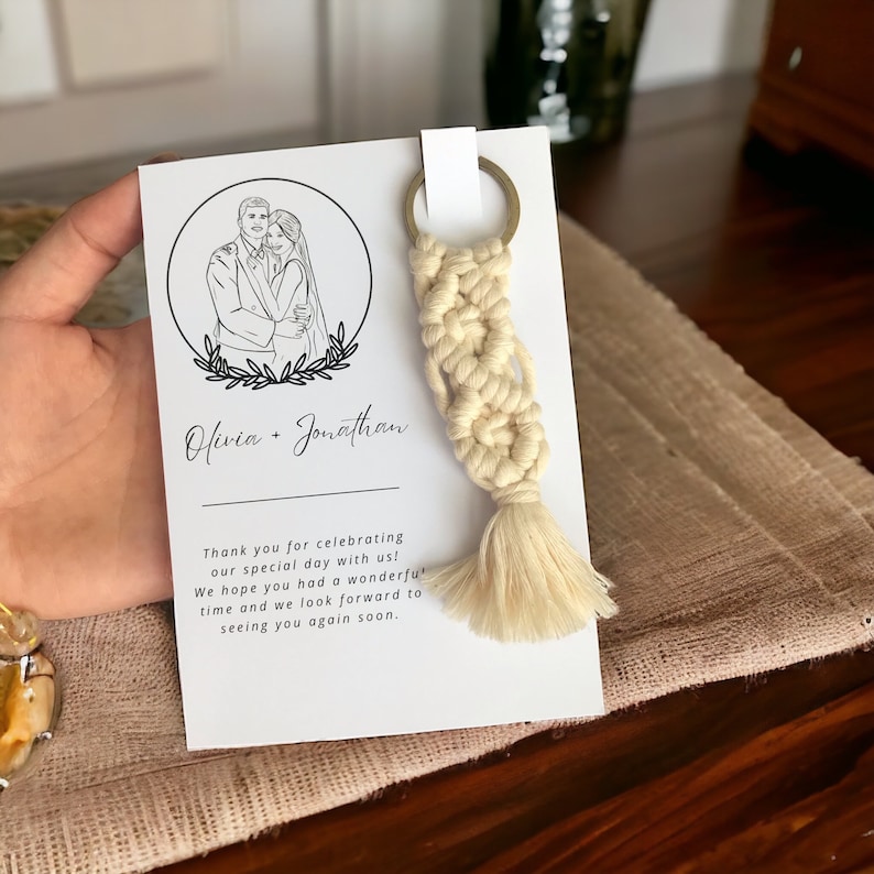 Personalized Invitation, Wedding Invitation, Invitation with Line Art, Boho Wedding Favors, Wholesale Macrame Keychains. image 1