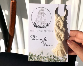 Faire-part personnalisé, faire-part de mariage, faire-part avec dessin au trait, cadeaux de mariage bohème, vente en gros de porte-clés en macramé.