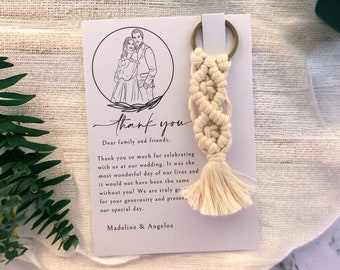 Faire-part personnalisé, faire-part de mariage, faire-part avec dessin au trait, cadeaux de mariage bohème, vente en gros de porte-clés en macramé.