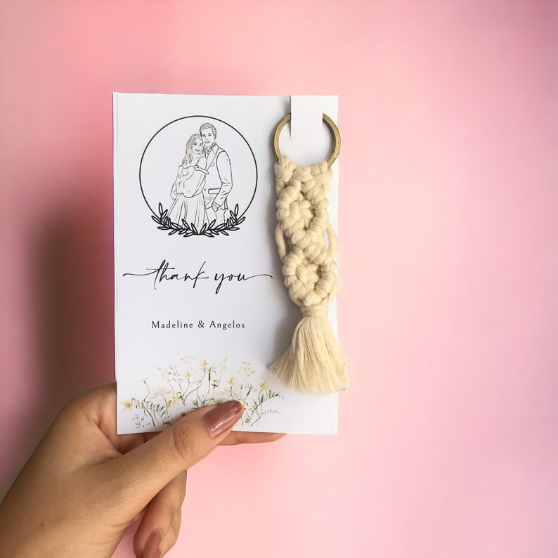 Personalized Invitation, Wedding Invitation, Invitation with Line Art, Boho Wedding Favors, Wholesale Macrame Keychains. zdjęcie 3