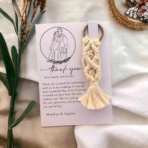 Personalized Invitation, Wedding Invitation, Invitation with Line Art, Boho Wedding Favors, Wholesale Macrame Keychains. image 1