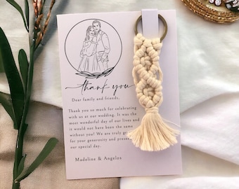 Gepersonaliseerde uitnodiging, huwelijksuitnodiging, uitnodiging met lijntekeningen, Boho huwelijksgunsten, groothandel macrame sleutelhangers.