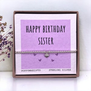 Feliz cumpleaños hermana / Pulsera de corazón de plata esterlina hecha a mano / Regalo de cumpleaños tipo buzón para ella