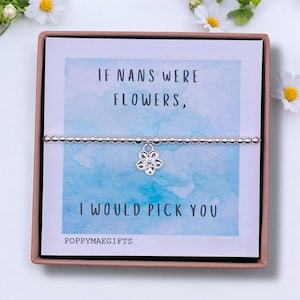 Nan - Pulsera de cuentas de plata o oro con flores / Regalo de recuerdo familiar para ella / Joyas / Regalo para buzón / Regalo de cumpleaños