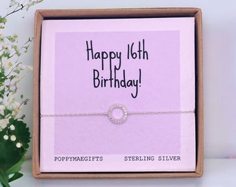 16th Happy Birthday Cubic Zirconia Sterling Silver Bracelet | Letter Box Birthday Gift For Her