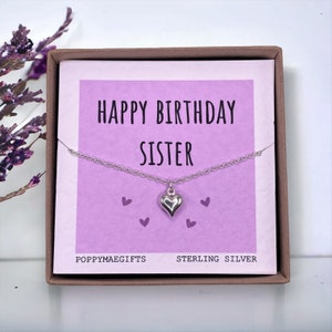 Feliz cumpleaños hermana / Collar de corazón de plata esterlina hecho a mano / Regalo de cumpleaños tipo buzón para ella