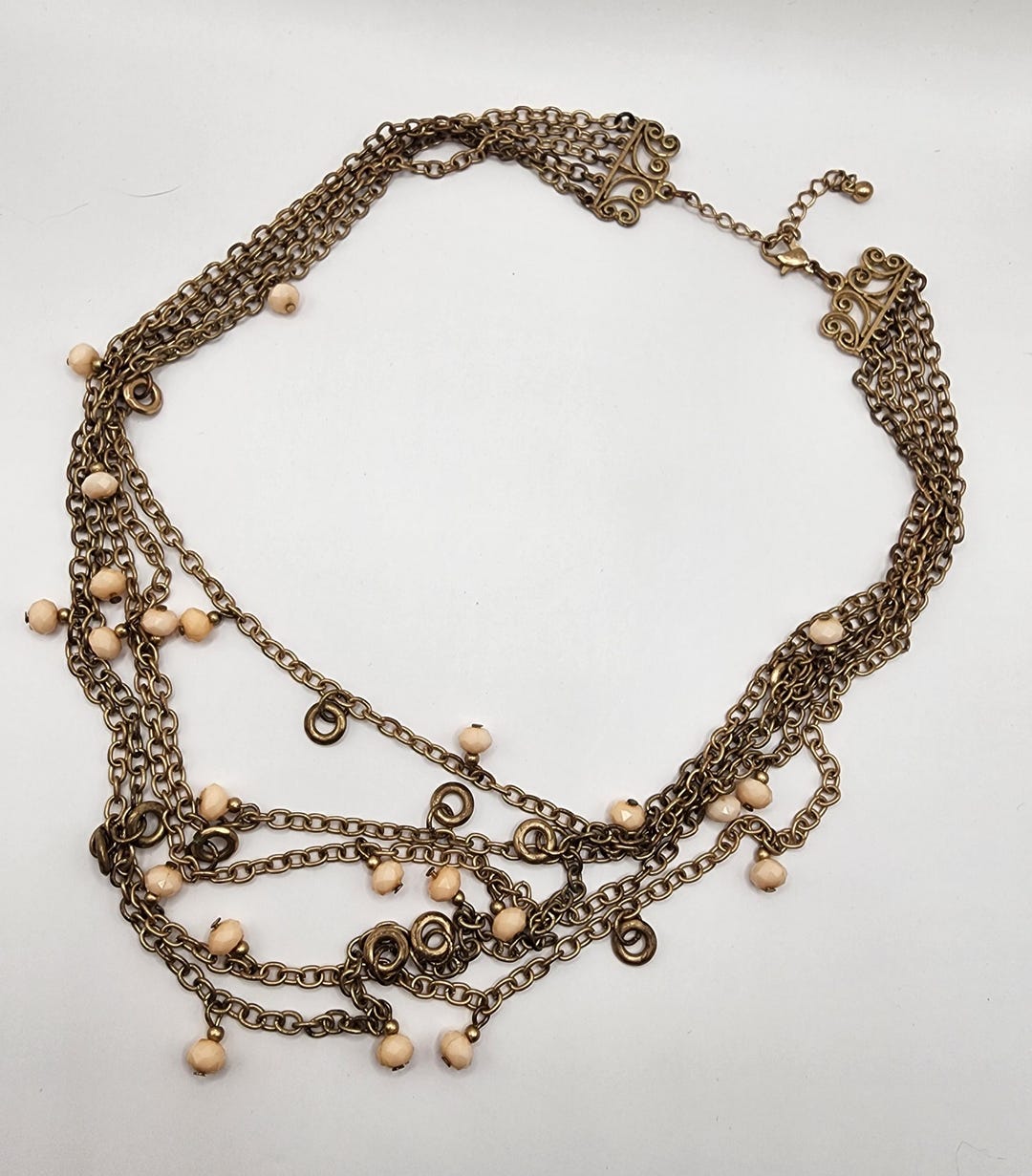 2000s Multilayer Pink Bead Brass Antiquated Chain Fairy Necklace ...