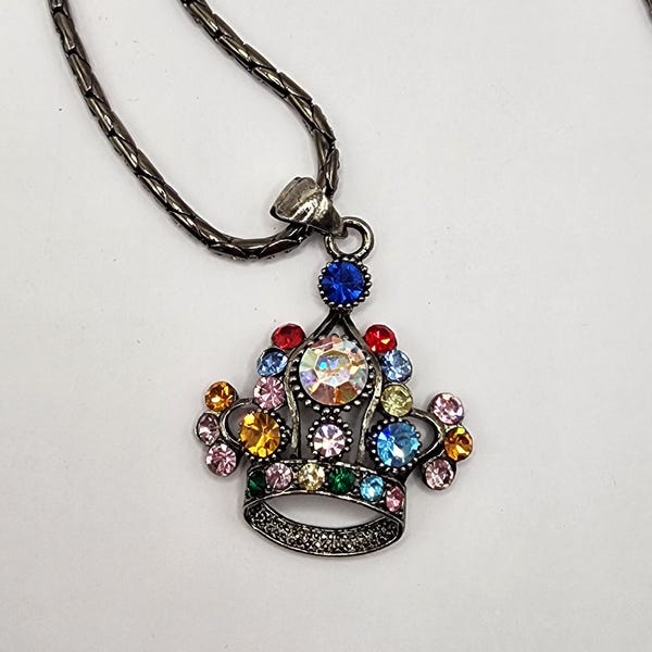 Oxidized Silver Tone Metal Royal King Queen Crown Pendant Necklace Crystal Pave