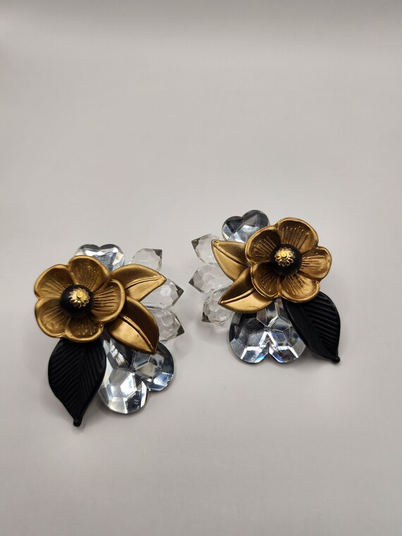 1980s Plastic Acrylic Flowers Gold Clear and Blac… - image 4
