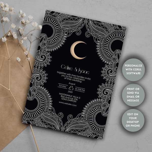 Celestial Paisley Moon Invitation, Minimalistic Elegance, Editable Template, Print or send via Phone, Perfect for Wedding, Birthday or Party