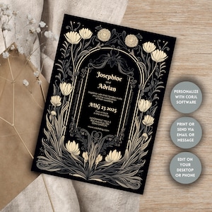 Floral Gothic Romantic Invitation, Editable Template, Dark Elegance, Personalize with Corjl, 5x7 Size, Wedding, Bridal Shower, Party