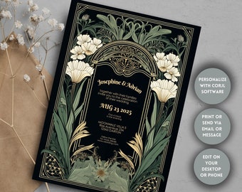 Floral Art Deco Invitation, Editable Template, Dark Vintage Gothic Elegance, Personalize with Corjl, Perfect for Wedding, Birthday or Party