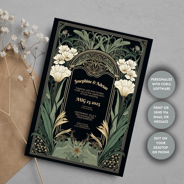 Floral Art Deco Invitation, Editable Template, Dark Vintage Gothic Elegance, Personalize with Corjl, Perfect for Wedding, Birthday or Party