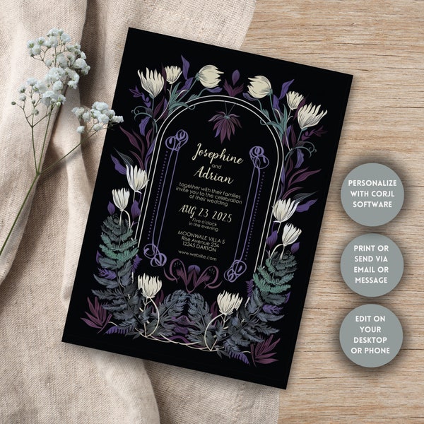 Colorful Floral Gothic Romantic Invitation, Editable Template, Dark Cosmic Elegance, Personalize with Corjl, Wedding, Bridal Shower, Party