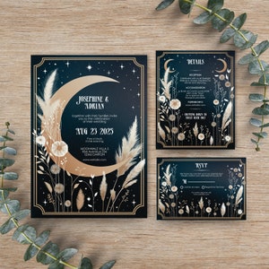 Celestial Invitation Set, Magical Wedding in Cosmic Moon Vintage Elegance, Personalize with Corjl, 5x7 Invitation, 4x5 Details, 5x3.5 RSVP