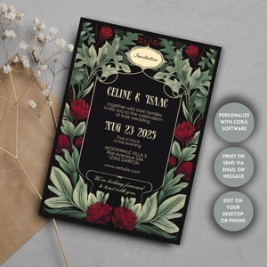 Green Red Floral Garden Invitation, Editable Template, Personalize with Corjl, Perfect for Wedding, Birthday, Party, Dark Vintage Elegance