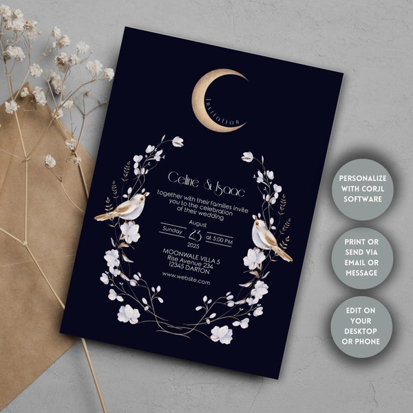 Celestial Floral Bird Invitation, Minimalistic Elegance, Editable Template, Print or send via Phone, Perfect for Wedding, Birthday or Party