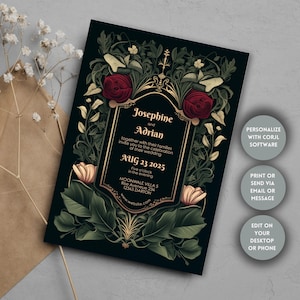 Gothic Botanical Elegance Invitation, Editable Template, Personalize with Corjl, Vintage Roses, Perfect for Wedding, Bridal Shower or Party