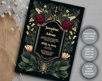 Gothic Botanical Elegance Invitation, Editable Template, Personalize with Corjl, Vintage Roses, Perfect for Wedding, Bridal Shower or Party