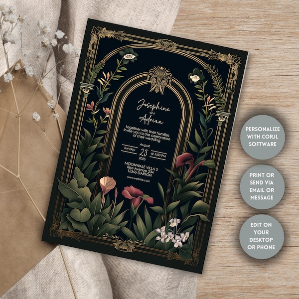 Gothic Greenery Invitation, Editable Template, Dark Romantic Arch Elegance, Personalize with Corjl, 5x7 Size, Wedding, Bridal Shower, Party