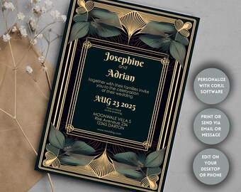 Art Deco Floral Invitation, Editable Template, Size 5x7, Personalize with Corjl, Dark Elegance, Perfect for Wedding, Bridal Shower or Party