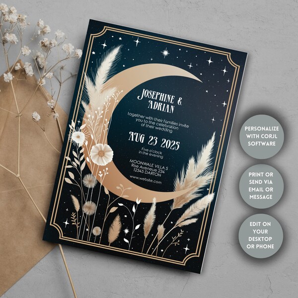 Celestial Wedding Invitation, Vintage Elegance, Moon and Stars, Editable Template 5x7, dark & elegant, Print at home or send via Phone