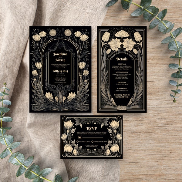 Gothic Floral Wedding Invitation Set, Dark Elegance, Personalize with Corjl, 5x7 Invitation, 4x7 Details, 5x3.5 RSVP