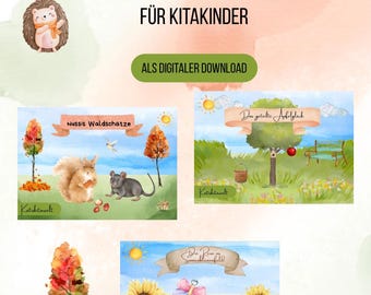 Puede incluir: Una descarga digital con tres conjuntos de historias Kamishibai para niños de jardín de infancia, con ilustraciones en acuarela. Los conjuntos incluyen historias sobre el otoño, con imágenes de una ardilla, un ratón, girasoles y una mariquita. El texto incluye palabras alemanas.