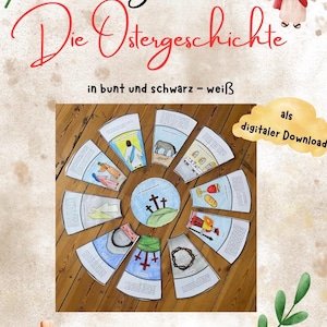 以下が含まれることがあります： イースターの物語を描いたイラストが描かれた、カラフルな円形の教育ゲーム。ゲームには、3つの十字架と周囲のイラストカードが描かれた中央の円が含まれています。ドイツ語のテキストは「Die Ostergeschichte」と「als digitaler Download」です。