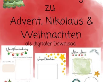 May include: A digital download of 65 printable templates for Advent, Nikolaus, and Christmas. The templates feature a variety of festive designs, including a Christmas tree, a star, and a wreath. The text "65 Portfolio Vorlagen zu Advent, Nikolaus & Weihnachten als digitaler Download" is displayed on the image.