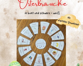 Handgemalter Legekreis zum Thema „Osterbräuche“ mit Erklärungen in bunt und schwarz weiß für Kita und Grundschule als digitaler Download