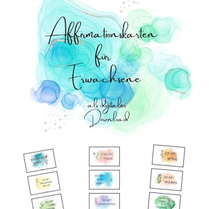 Könnte beinhalten: Digitaler Download von Affirmationskarten für Erwachsene. Das Design zeigt Hintergründe im Aquarellstil in Blau-, Grün- und Goldtönen. Die Karten enthalten Affirmationen auf Deutsch, wie "Ich bin mutig" und "Ich bin genug."