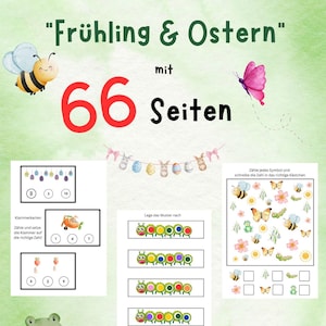 May include: A colorful printable learning set for kids featuring spring and Easter themes. The set includes 66 pages of activities, such as counting, matching, and pattern recognition. The pages feature illustrations of butterflies, bees, caterpillars, frogs, and Easter eggs.