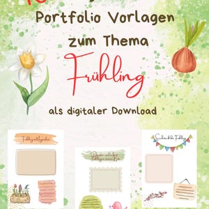 Könnte beinhalten: Ein Set mit 40 druckbaren Portfolio-Vorlagen zum Thema Frühling. Die Vorlagen zeigen verschiedene Designs, darunter Blumen, einen Gnom und ein Banner. Der Text auf den Vorlagen lautet "Frühling" und "Frühling im Magenin".