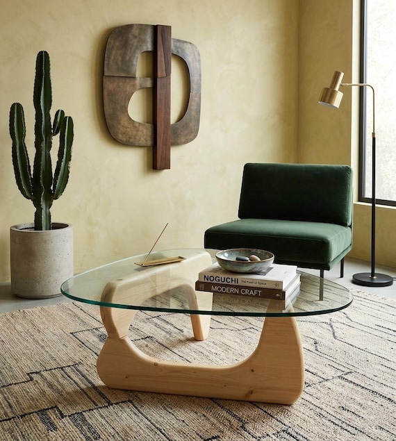 Moderner asymmetrischer Mid-Century Holz und Glas Couchtisch, minimalistisches Wohnzimmerdekor