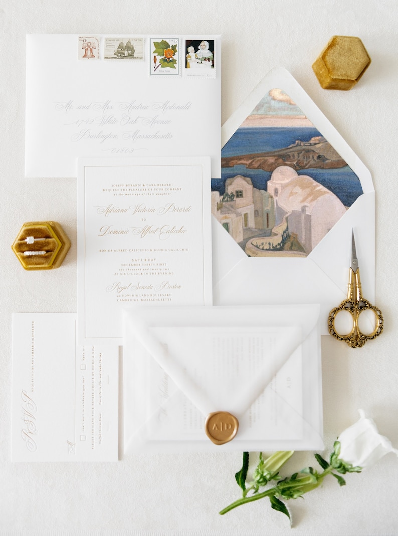 Watercolor painting of Santorini, Greece A7 envelope liner. Envelope Liner for custom wedding invitations.