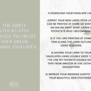 May include: A step-by-step guide on how to create wedding envelopes using a printable liner. The guide includes instructions on downloading, printing, trimming, and adhering the liner to the envelopes.