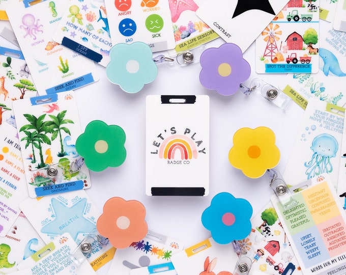 30 Lets Play Badge Cards, FREE Flower Badge Reel, Pediatric Nurse Gift, Occupational Therapy, SPL, ABA, Child Life Specialist Badge Reel